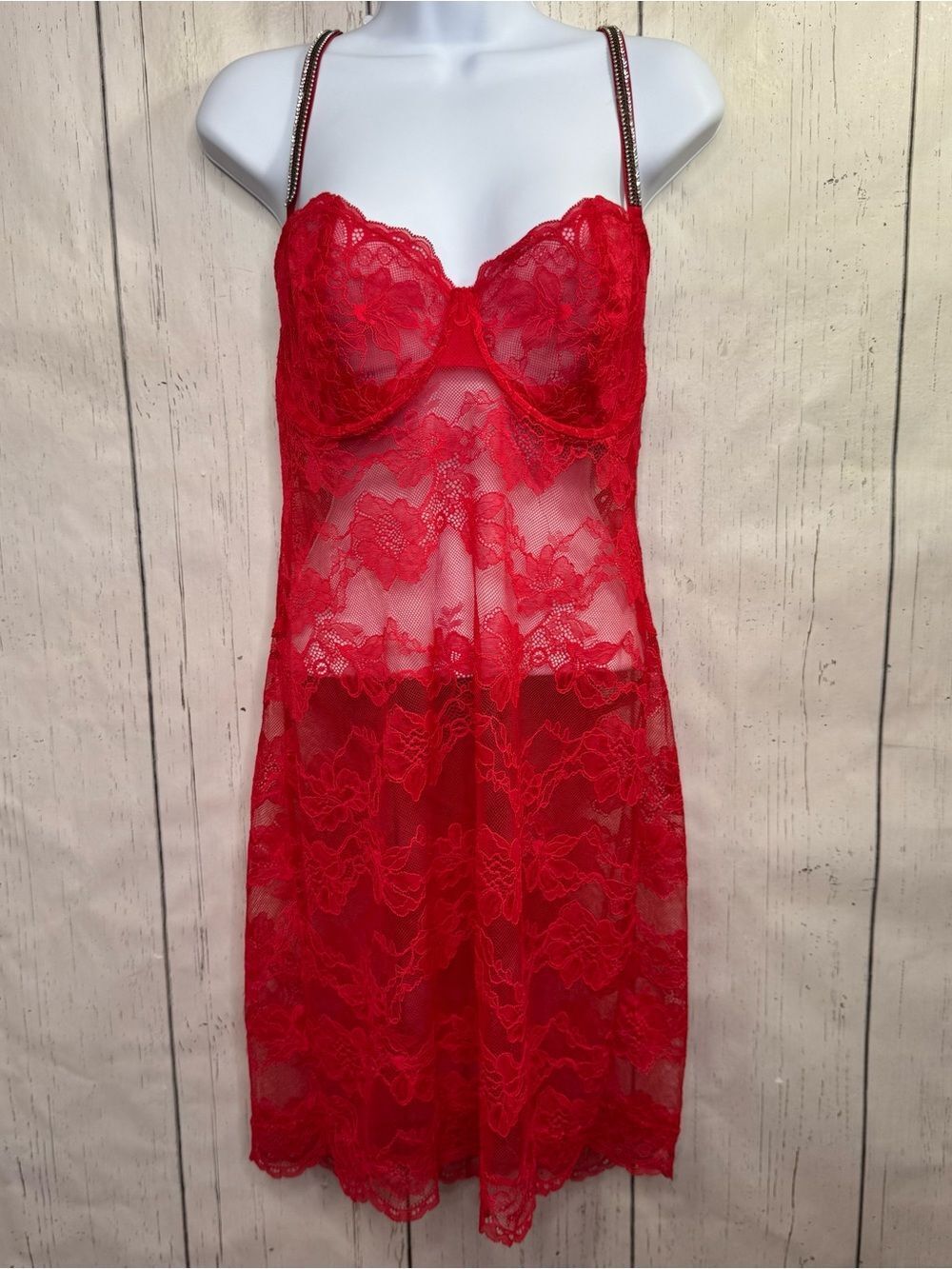 Victorias Secret Red Lace Chemise Rhinestone Strap Lingerie Slip Floral Size XL